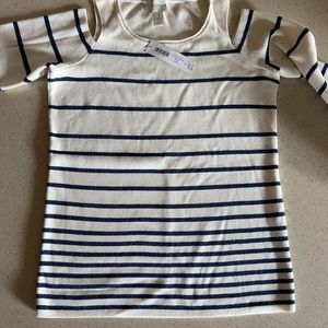 *****SOlD****Chico’s cream and navy stripe cold shoulder sweater. Size 1